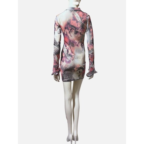 Sheer Mesh Dress M Ruffle Art is Long Renaissance Graphic Baddie Y2K Style USA - Picture 7 of 9